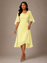 Cowl Neck Ruched Chiffon Mother of the Bride Dresses with Flutter Sleeves