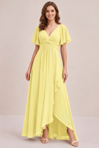 Dusty Blue Chiffon Bridesmaid Dress with Flutter Sleeves & High-Low Hem