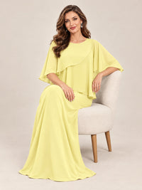 Cape Sleeve Mother of the Bride Dress with Asymmetrical Overlay