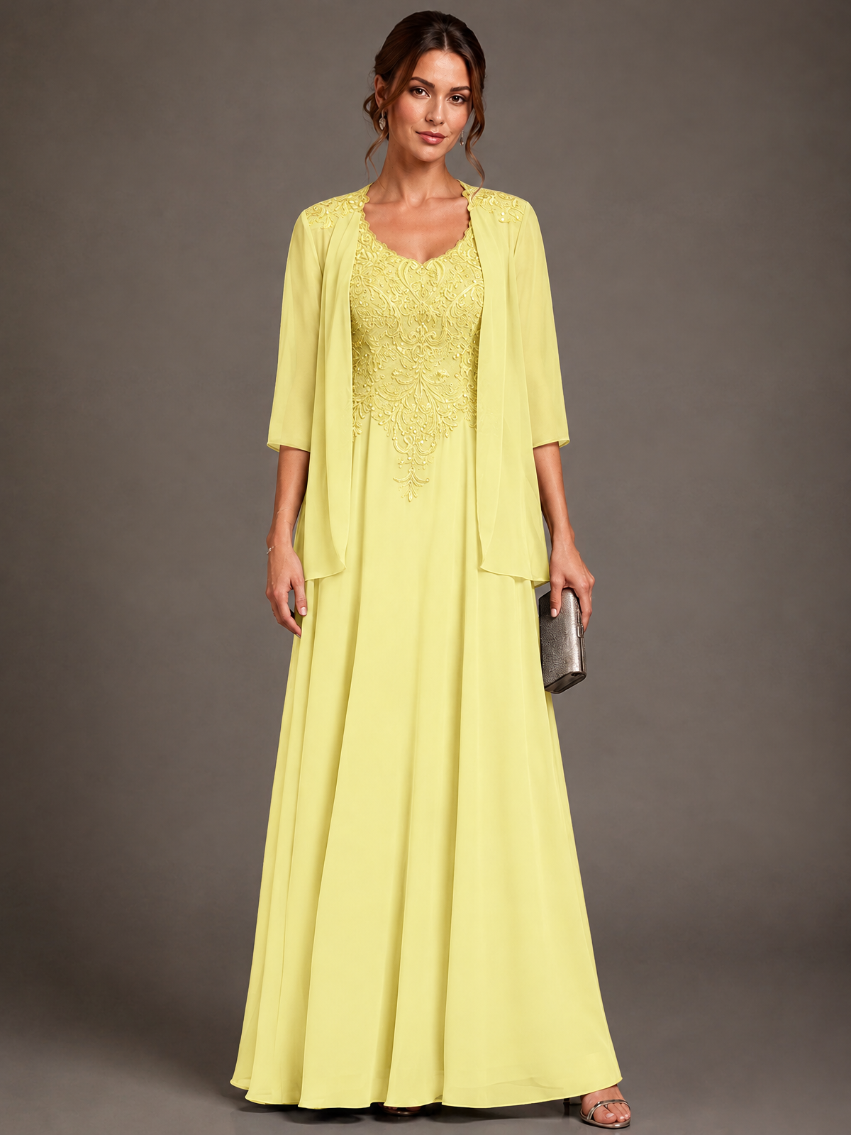 A-line 2 Pieces Chiffon Appliques Mother of The Bride Dresses with Jackets