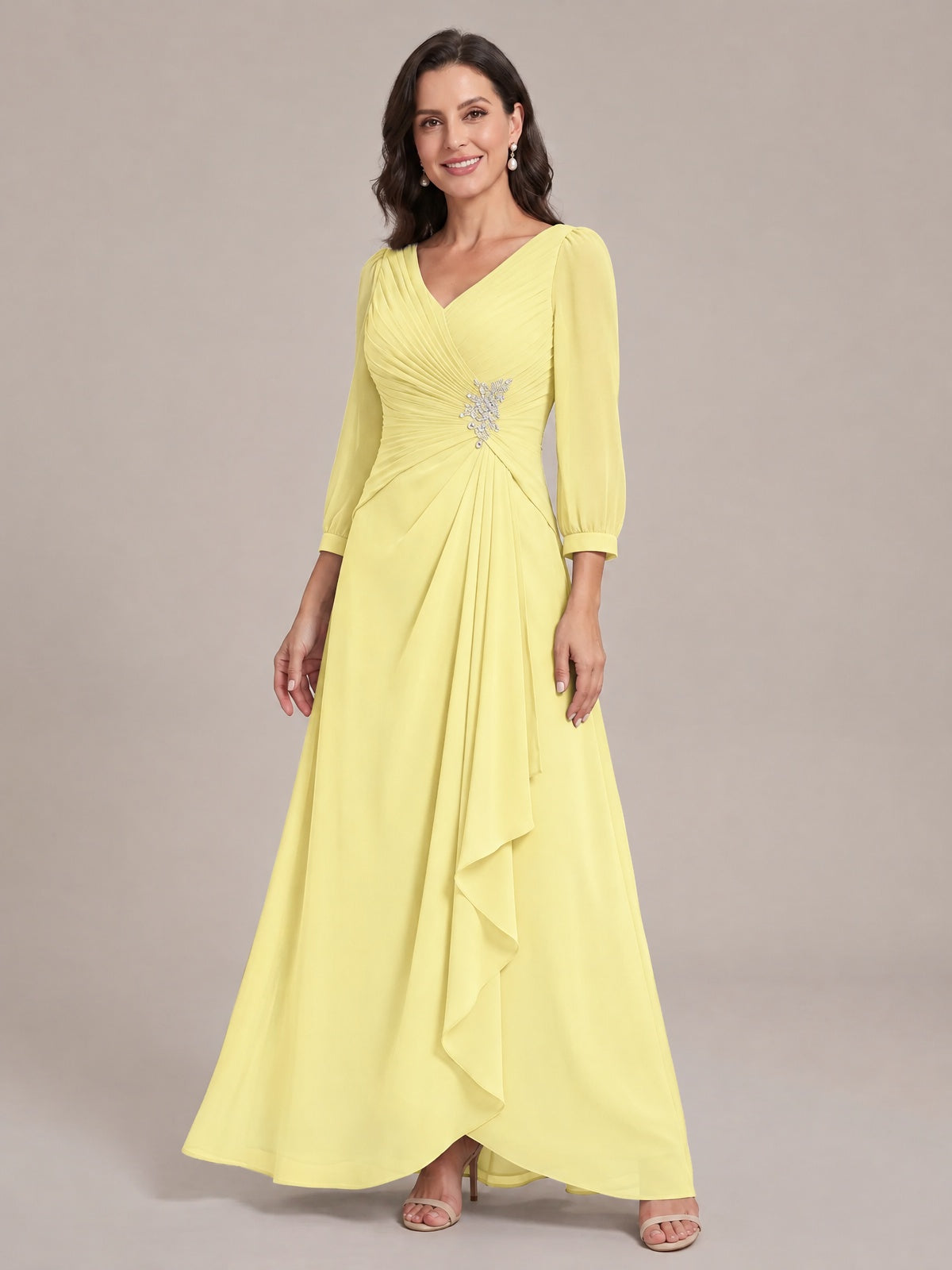 V-Neck Pleated Chiffon Mother of the Bride Dress with Flutter Sleeves