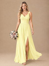 Pleated Chiffon V Neck Wedding Bridesmaid Dresses Floor Length with Slit