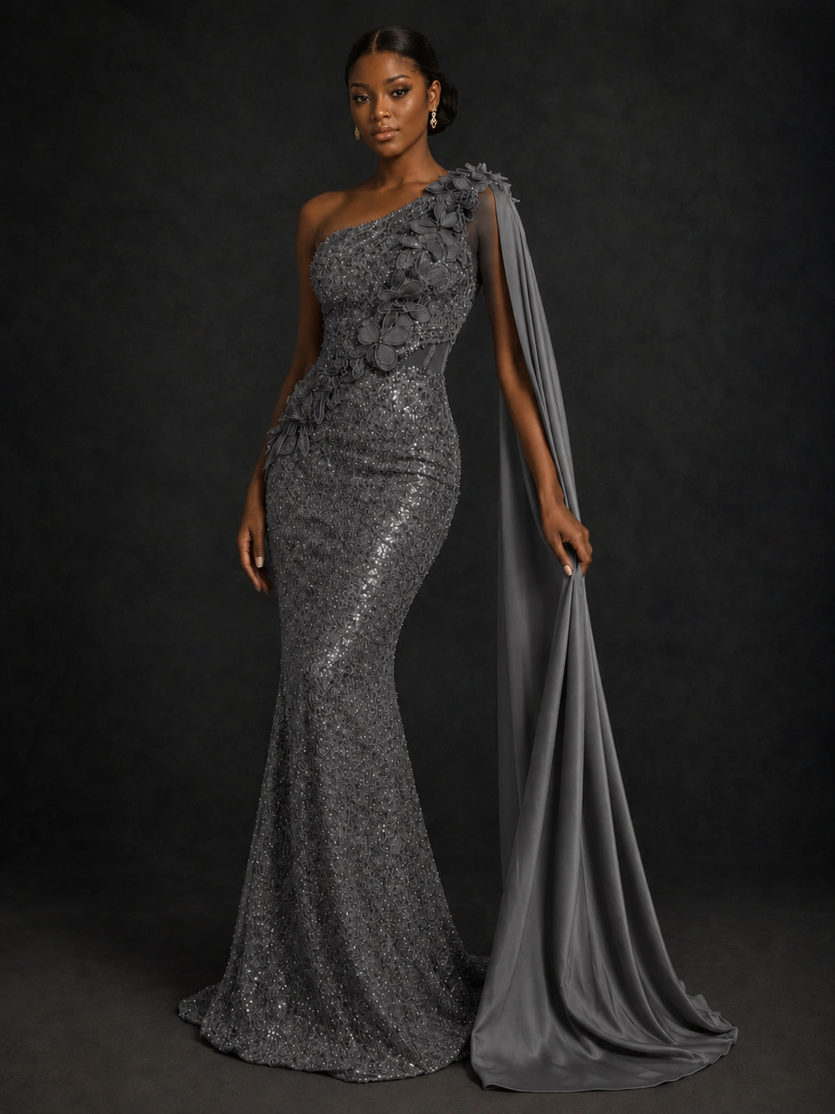 Gold Sequin One Shoulder Mermaid Prom Dress with Cape