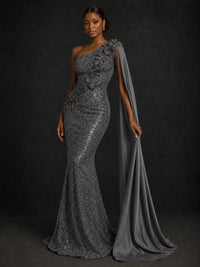 Gold Sequin One Shoulder Mermaid Prom Dress with Cape