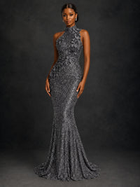 Sparkly Sequin High Neck Mermaid Prom Dress