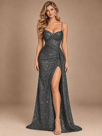 Burgundy Sequin Corset Prom Dress with High Slit