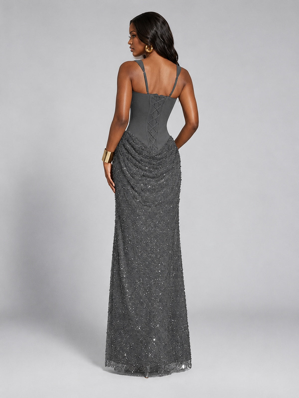Sequin Corset Mermaid Prom Dress with Square Neck Wide Strap High Slit