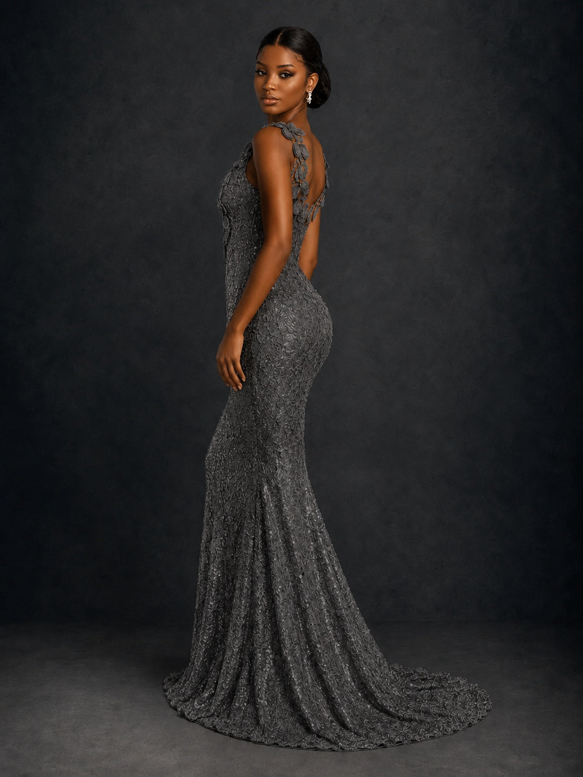 Gold Sequin Floral Applique Mermaid Prom Dress
