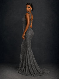 Gold Sequin Floral Applique Mermaid Prom Dress