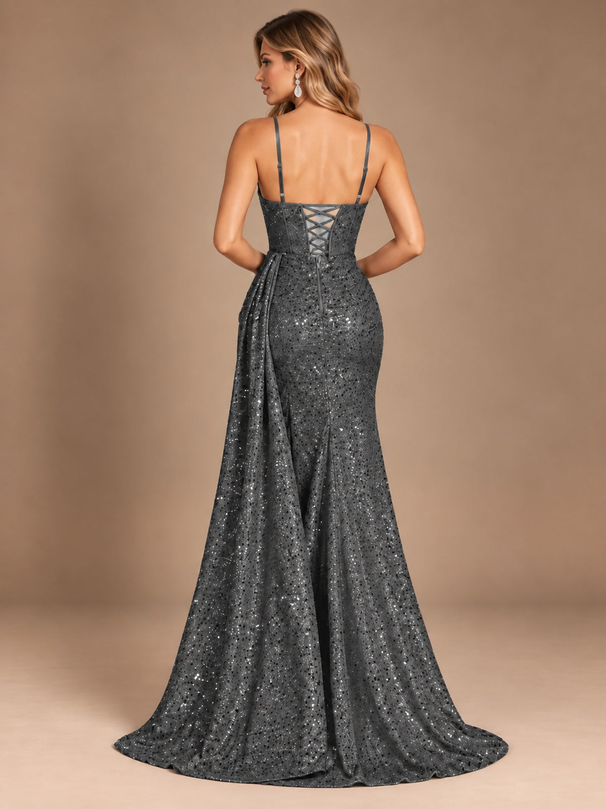 Burgundy Sequin Corset Prom Dress with High Slit