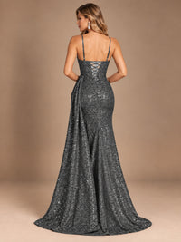 Burgundy Sequin Corset Prom Dress with High Slit
