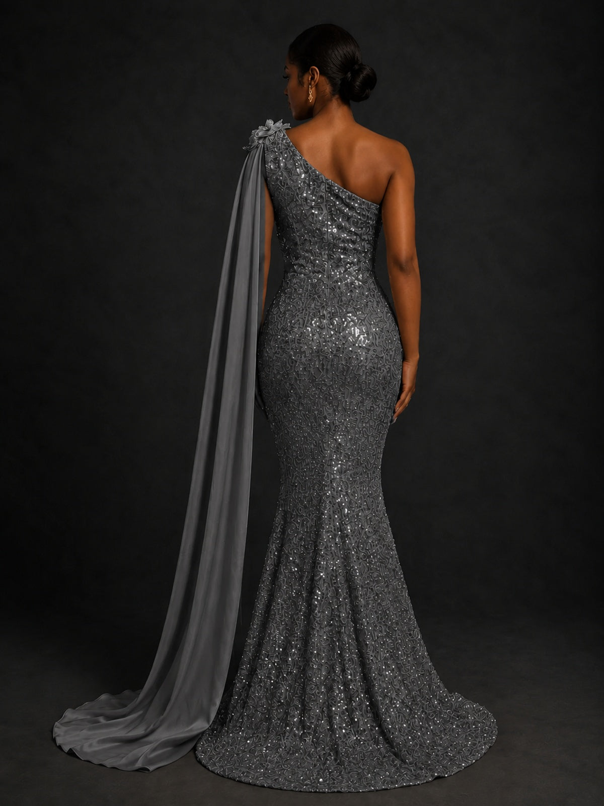 Gold Sequin One Shoulder Mermaid Prom Dress with Cape