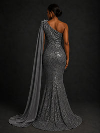 Gold Sequin One Shoulder Mermaid Prom Dress with Cape