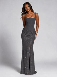 Sequin Corset Mermaid Prom Dress with Square Neck Wide Strap High Slit