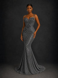 Sequin Mermaid Prom Dress with Floral Applique