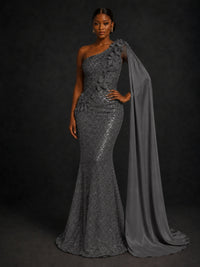 Gold Sequin One Shoulder Mermaid Prom Dress with Cape