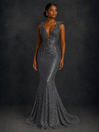 Gold Sequin Floral Applique Mermaid Prom Dress