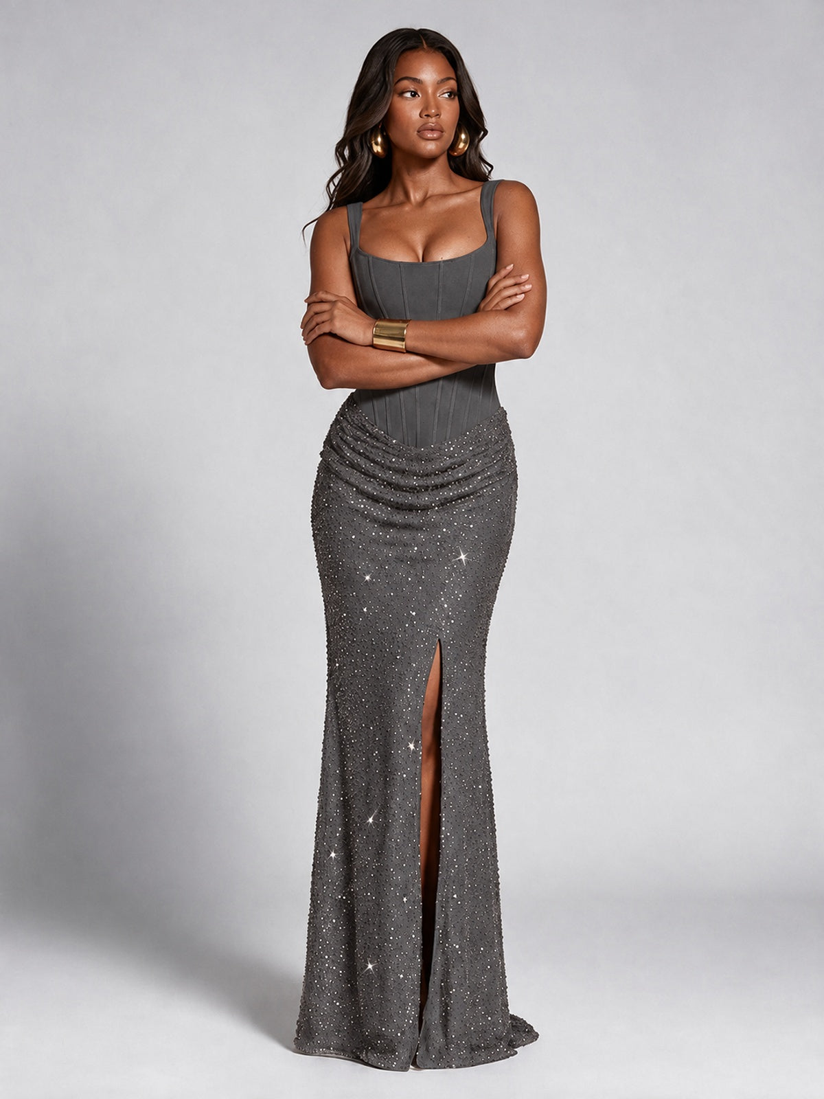 Sequin Corset Mermaid Prom Dress with Square Neck Wide Strap High Slit