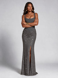 Sequin Corset Mermaid Prom Dress with Square Neck Wide Strap High Slit