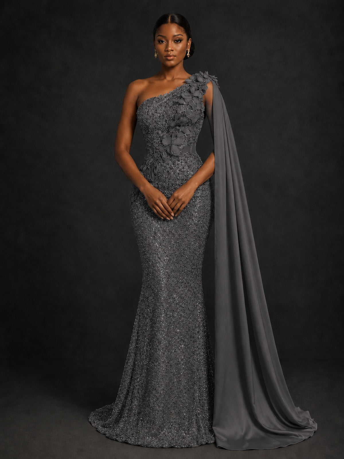 Gold Sequin One Shoulder Mermaid Prom Dress with Cape