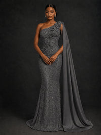 Gold Sequin One Shoulder Mermaid Prom Dress with Cape