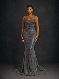 Sequin Mermaid Prom Dress with Floral Applique
