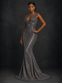 Gold Sequin Floral Applique Mermaid Prom Dress