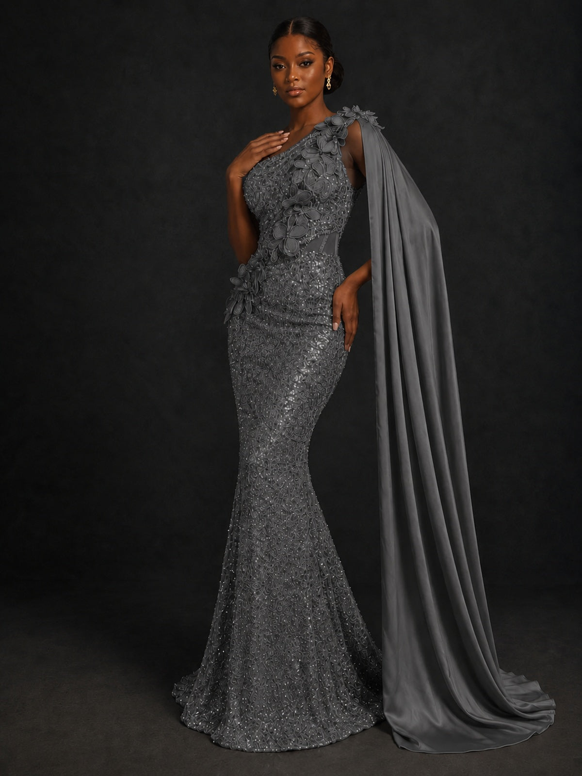 Gold Sequin One Shoulder Mermaid Prom Dress with Cape