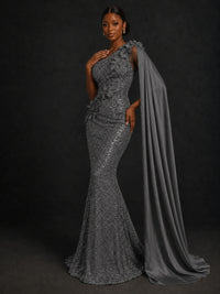 Gold Sequin One Shoulder Mermaid Prom Dress with Cape
