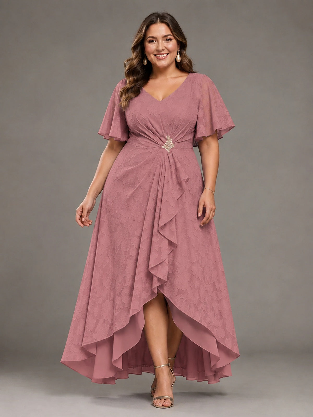 Jacquard Chiffon A-Line V-Neck High-Low Mother of the Bride Dress