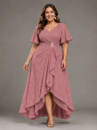Jacquard Chiffon A-Line V-Neck High-Low Mother of the Bride Dress