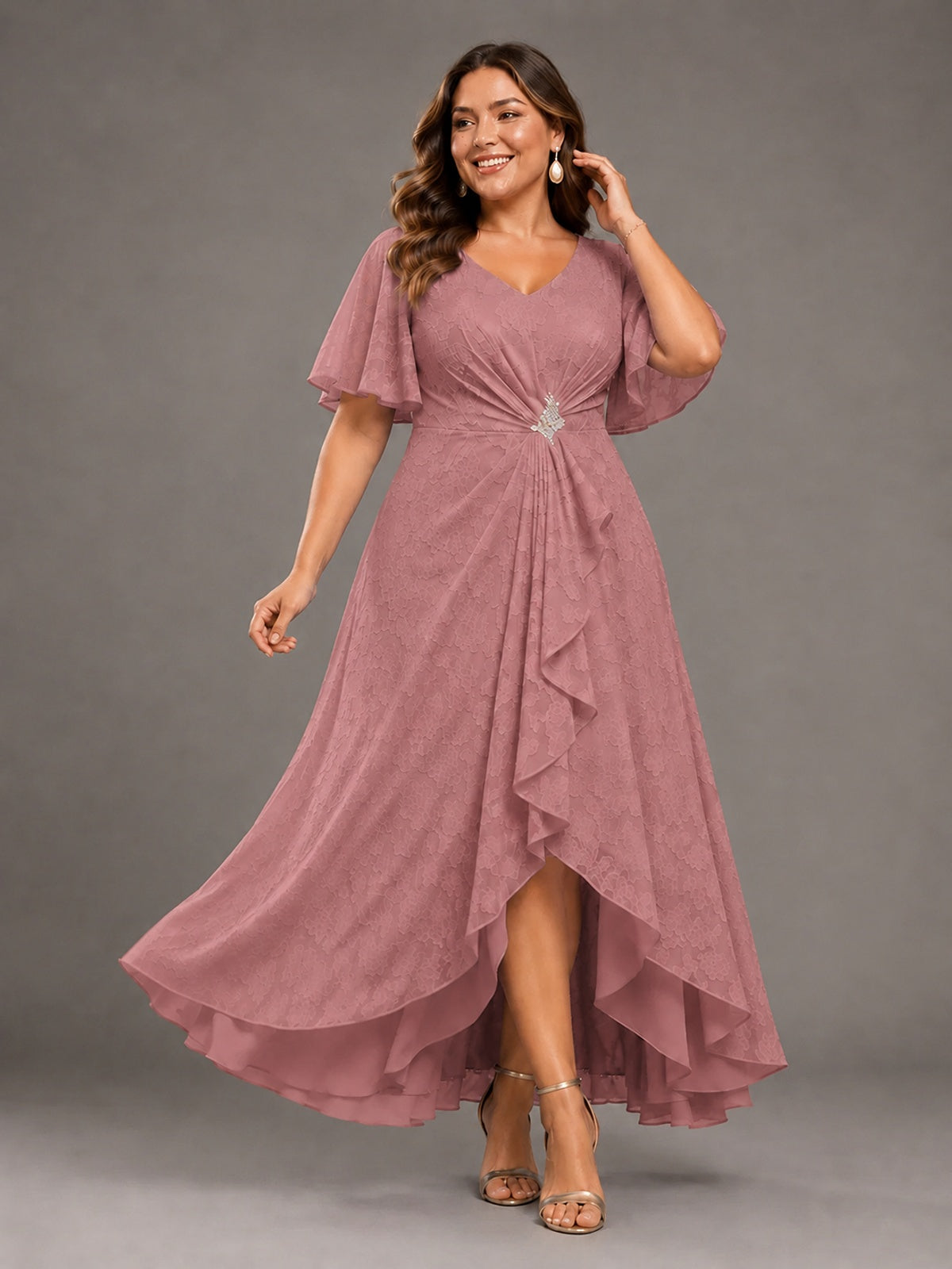 Jacquard Chiffon A-Line V-Neck High-Low Mother of the Bride Dress