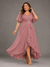 Jacquard Chiffon A-Line V-Neck High-Low Mother of the Bride Dress