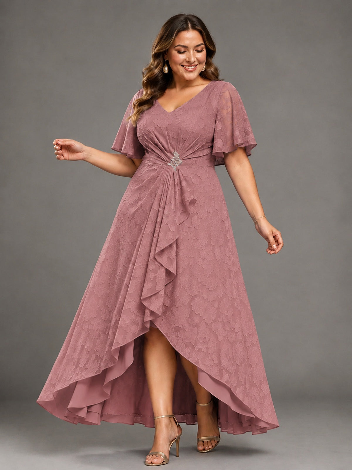 Jacquard Chiffon A-Line V-Neck High-Low Mother of the Bride Dress
