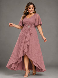 Jacquard Chiffon A-Line V-Neck High-Low Mother of the Bride Dress