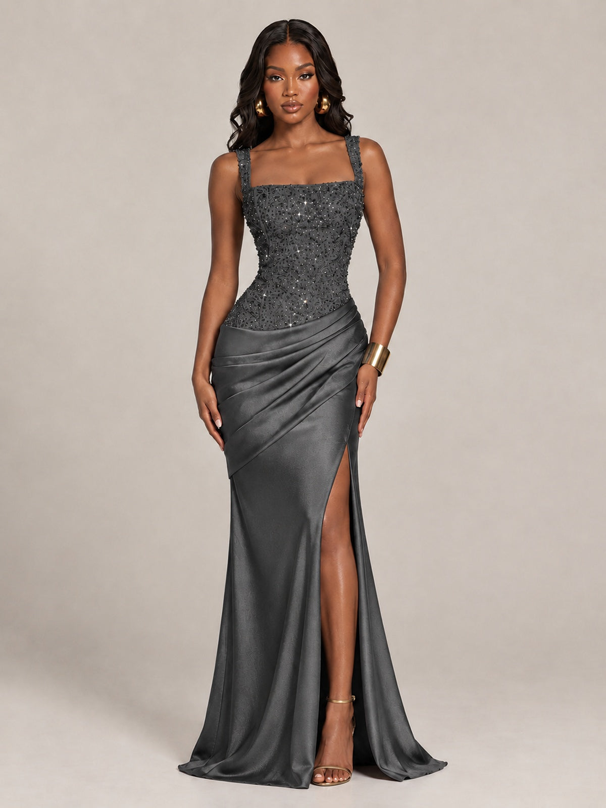 Scoop Neck Sequin Prom Dress with High Slit Satin Formal Gowns