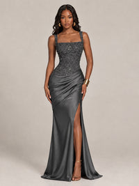 Scoop Neck Sequin Prom Dress with High Slit Satin Formal Gowns