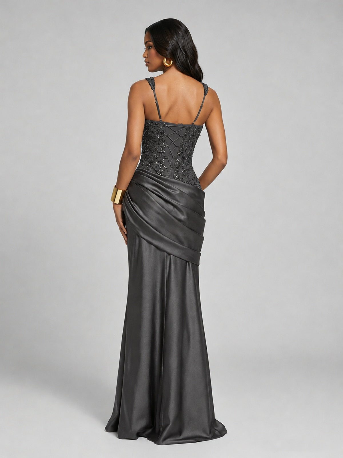 Scoop Neck Sequin Prom Dress with High Slit Satin Formal Gowns