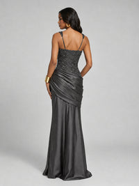 Scoop Neck Sequin Prom Dress with High Slit Satin Formal Gowns
