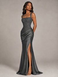 Scoop Neck Sequin Prom Dress with High Slit Satin Formal Gowns