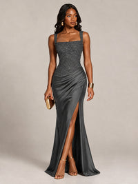 Scoop Neck Sequin Prom Dress with High Slit Satin Formal Gowns