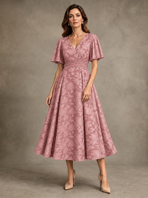 V-Neck Floral Jacquard Tea-Length Mother of the Bride Dress