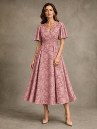 V-Neck Floral Jacquard Tea-Length Mother of the Bride Dress