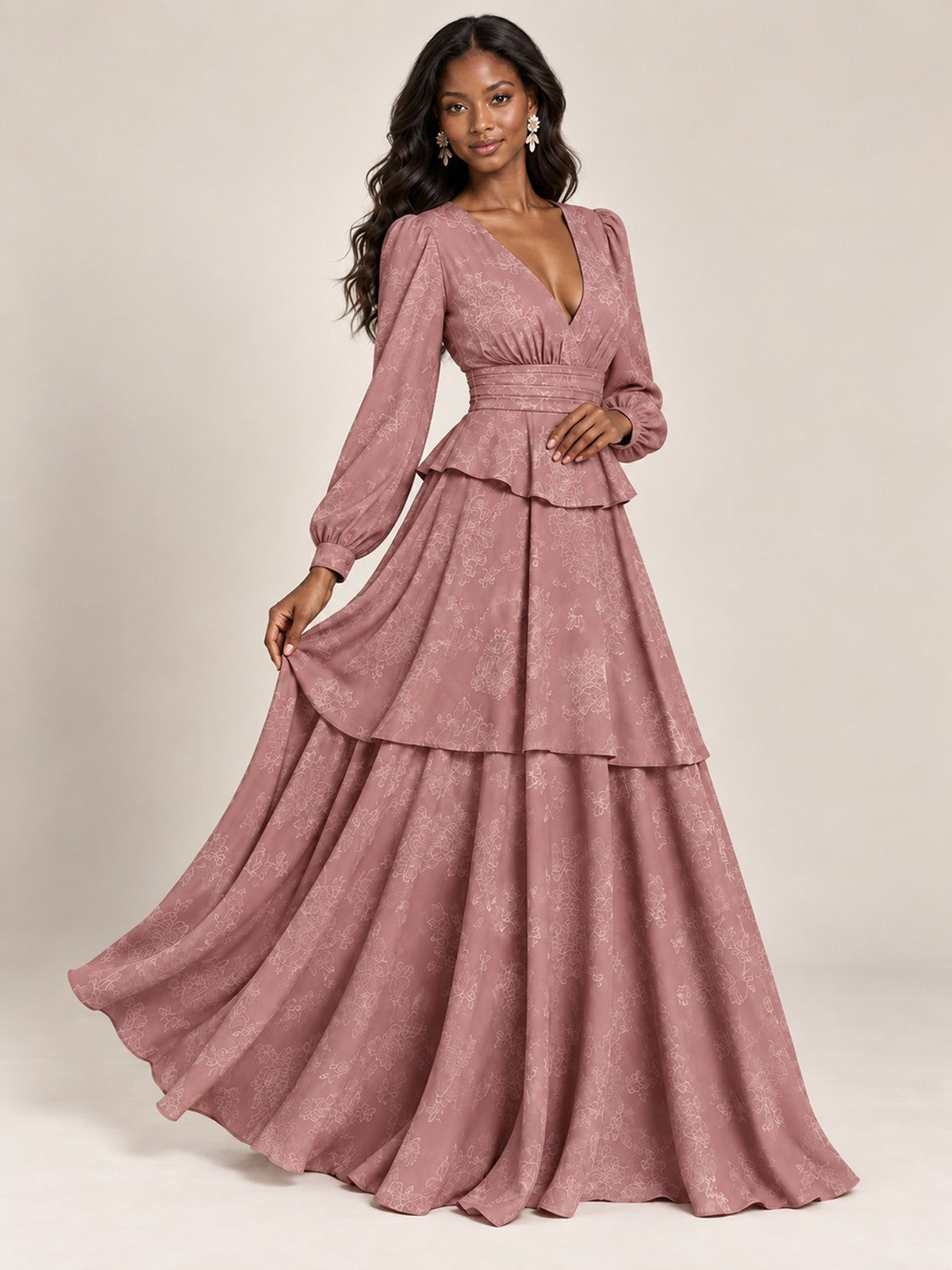 Blush Pink Floral Long Sleeve Maxi Dress