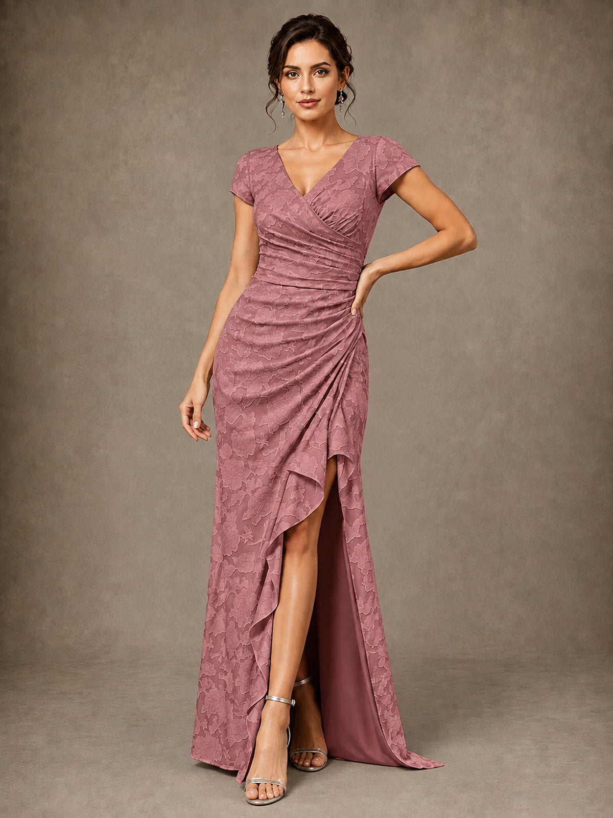 V-Neck Floral Jacquard Mother of the Bride Dress with Slit