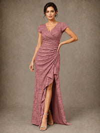 V-Neck Floral Jacquard Mother of the Bride Dress with Slit