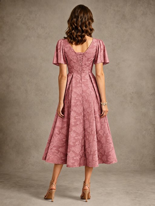 V-Neck Floral Jacquard Tea-Length Mother of the Bride Dress