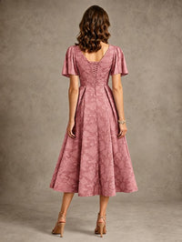 V-Neck Floral Jacquard Tea-Length Mother of the Bride Dress
