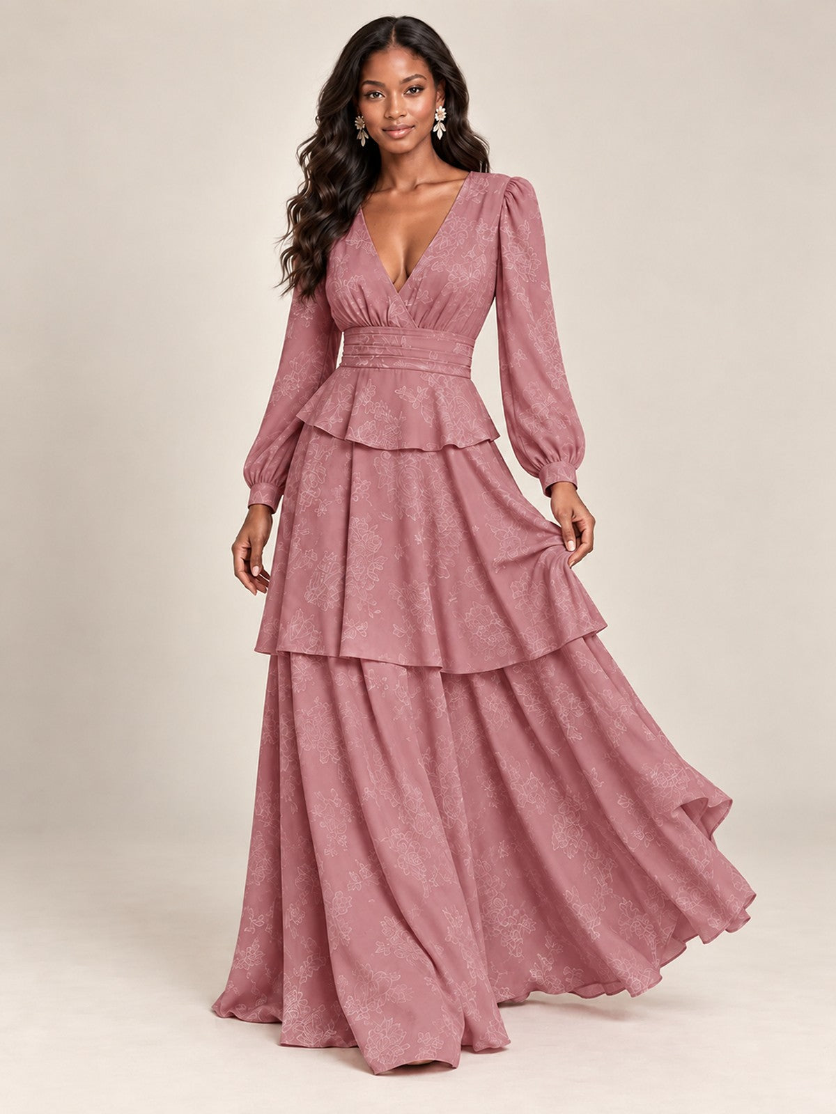 Blush Pink Floral Long Sleeve Maxi Dress
