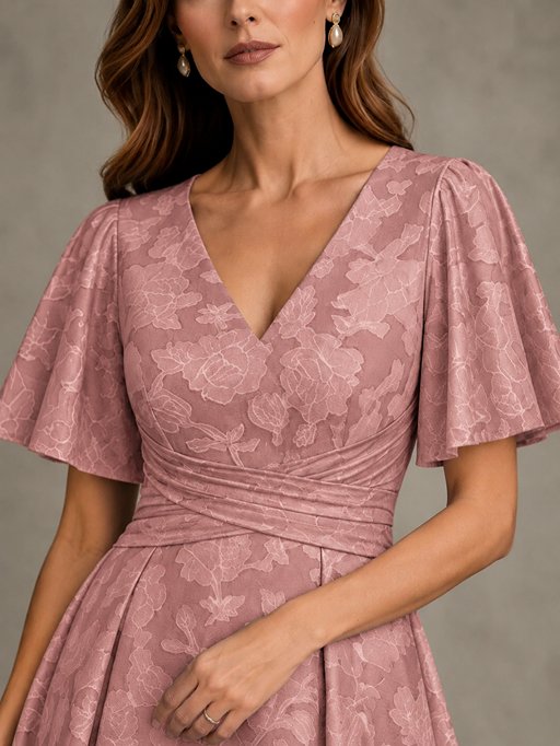 V-Neck Floral Jacquard Tea-Length Mother of the Bride Dress